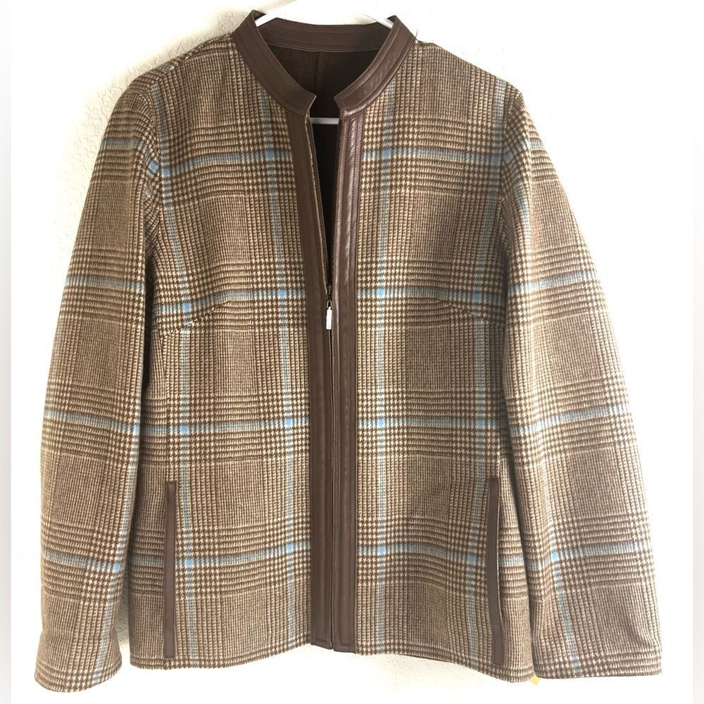 Carlisle Reversible Wool-Angora with Leather TrimTan and Cream Plaid Jacket